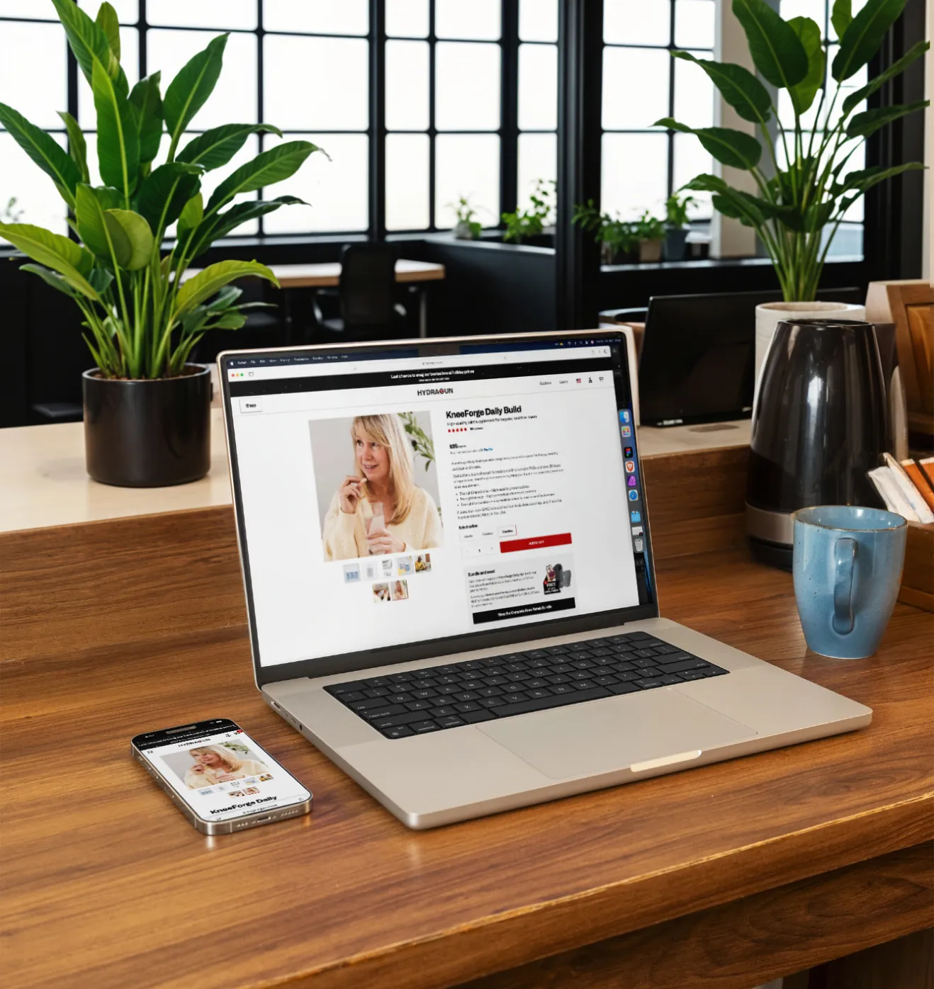 A laptop placed on a table in a coffee shop. The screen shows an ecommerce product page website.
